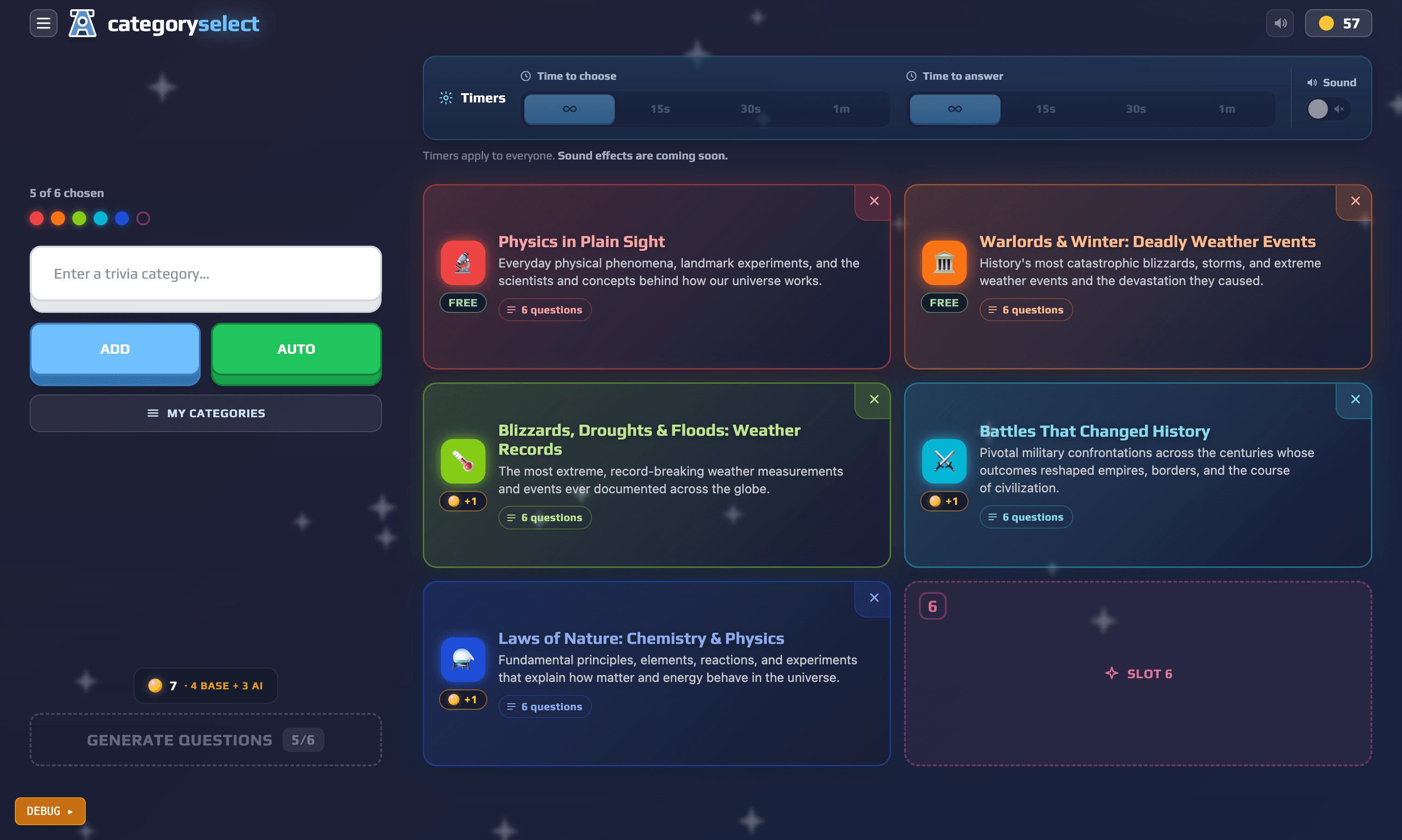 trivai category select: five filled category cards with icons, descriptions and question counts, one empty slot remaining.