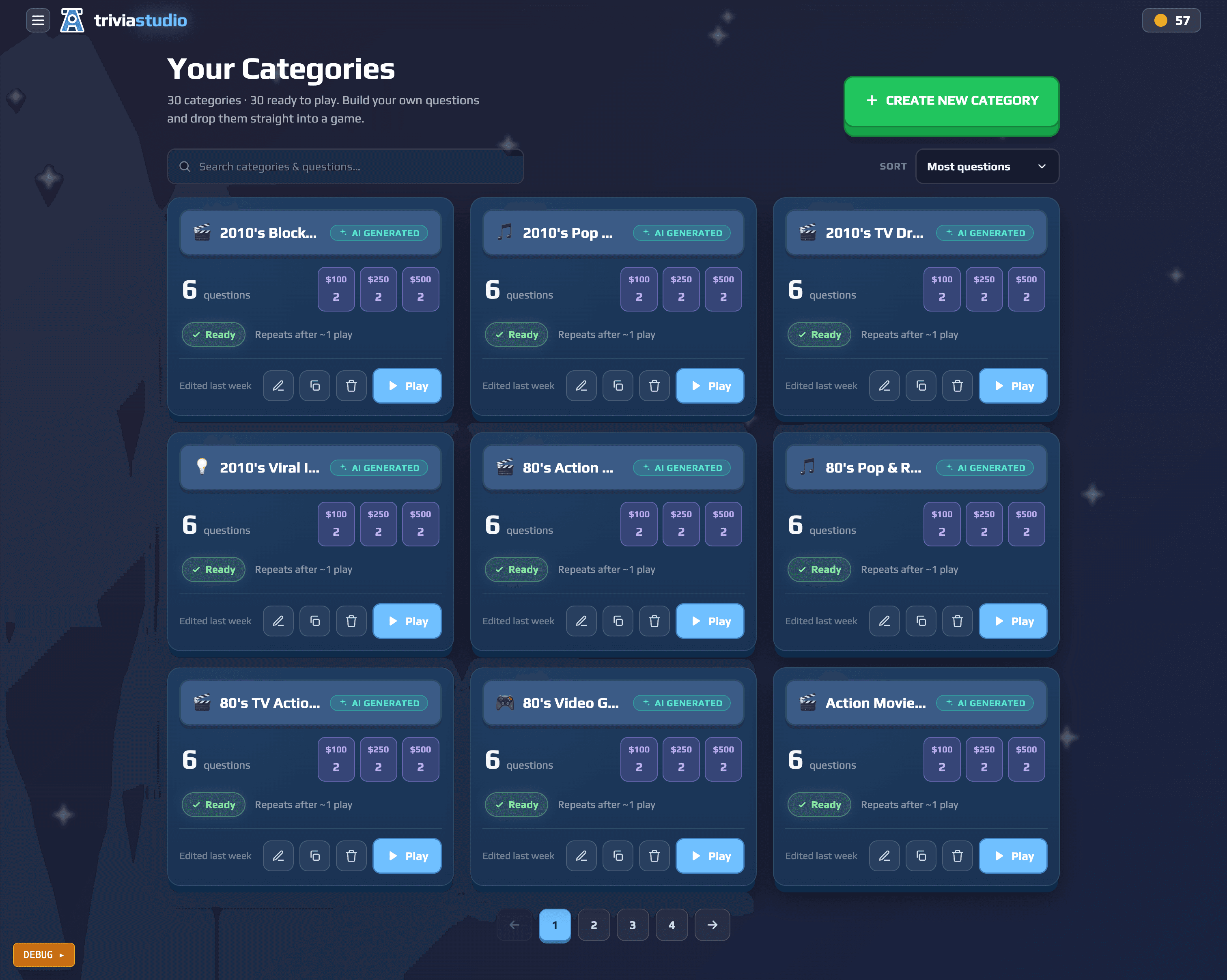 Trivia Studio: a grid of user category cards, each showing question counts by point value, a Ready badge and a Play button.